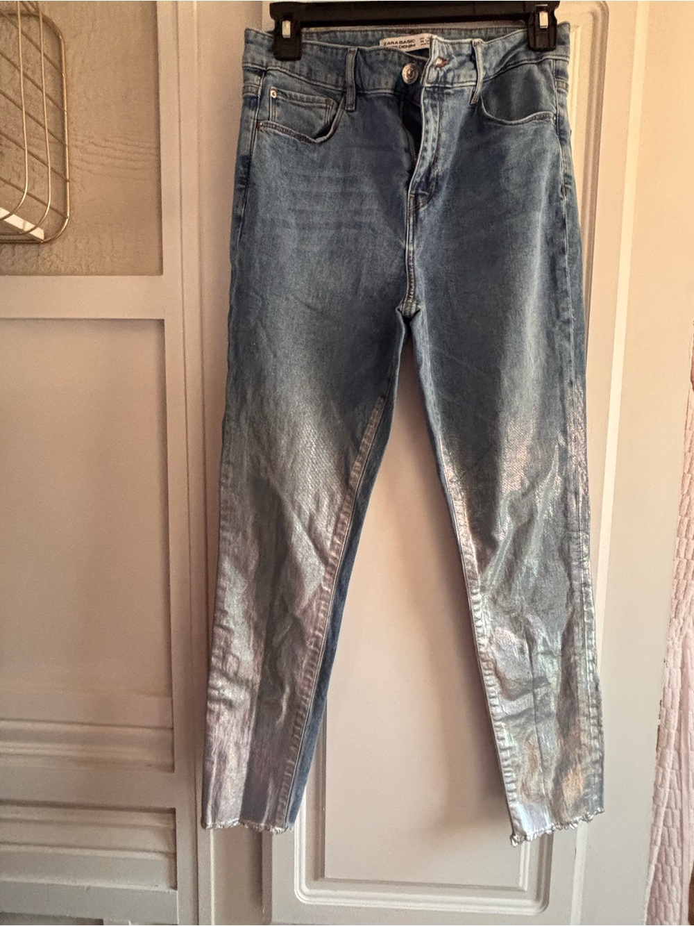 Zara Metallic Light Blue Skinny Jeans
